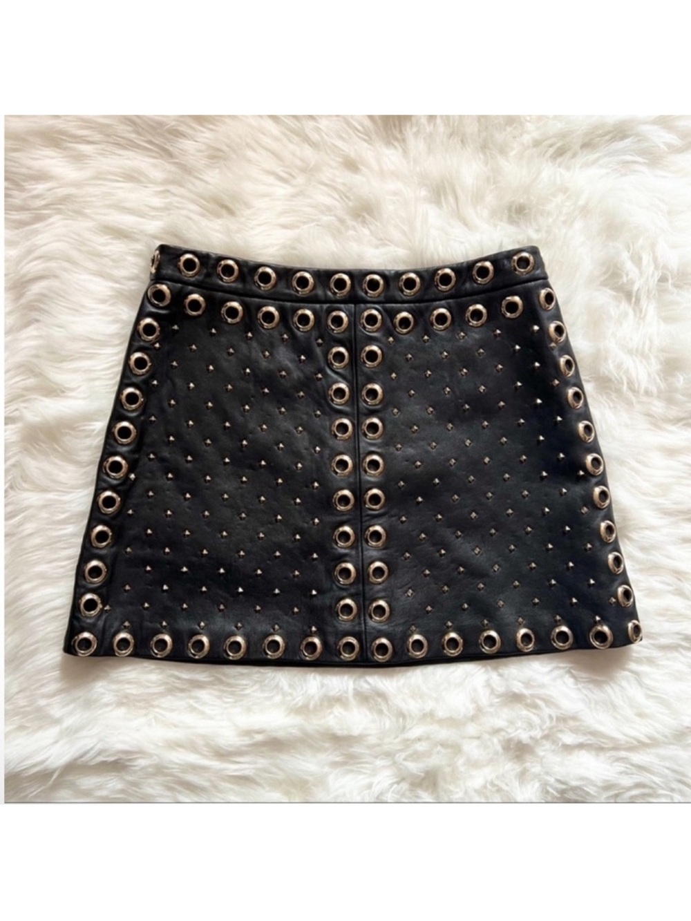 New! ALICE + OLIVIA Embellished Studded Lamb Leather Mini Skirt in Black